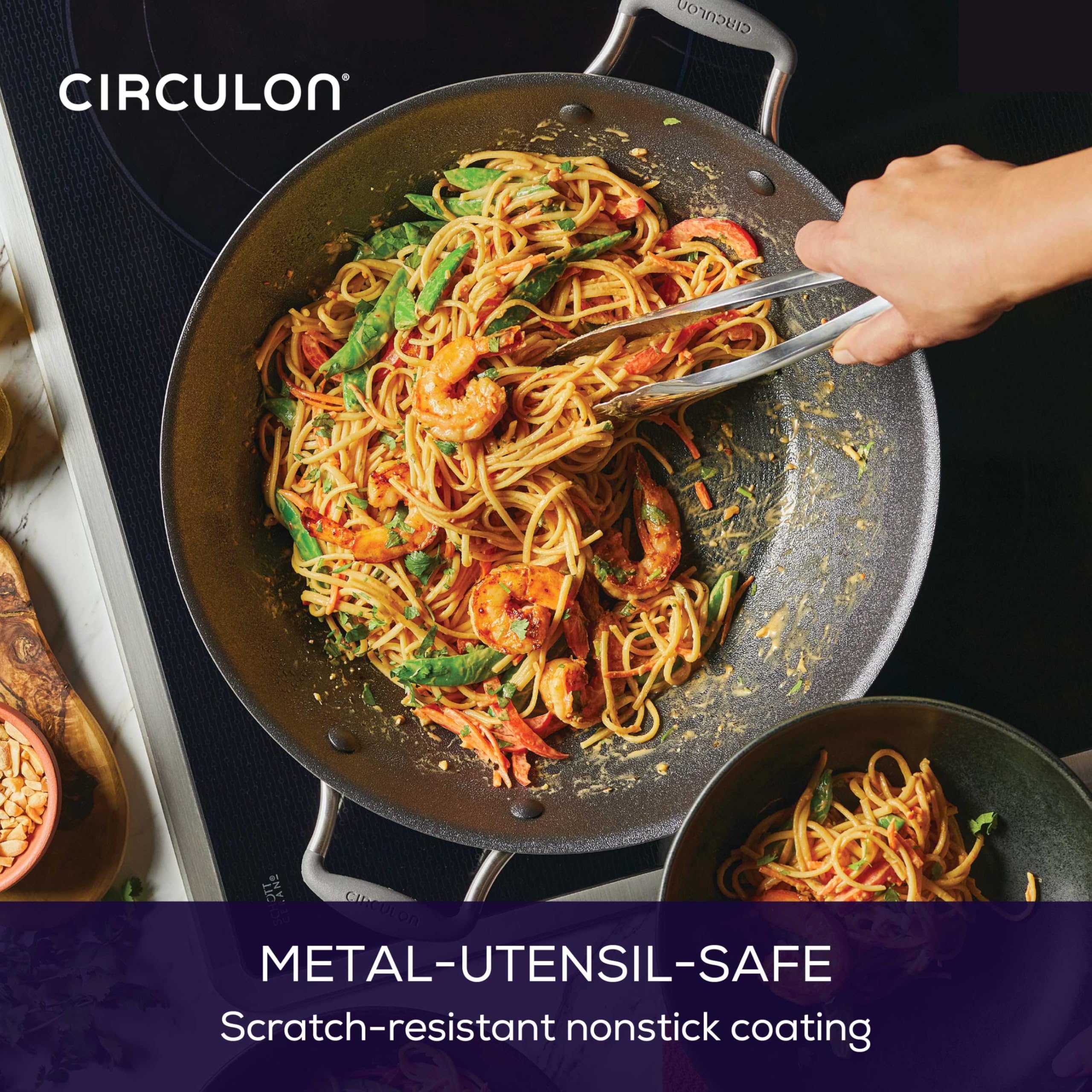 Circulon ergonomic cast stainless steel and silicone handles, comfortable secure grip benefit.