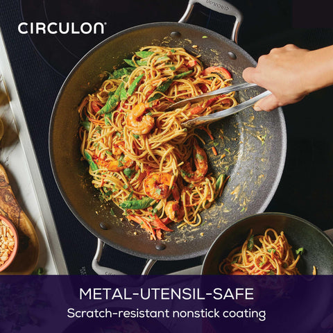 Circulon ergonomic cast stainless steel and silicone handles, comfortable secure grip benefit.