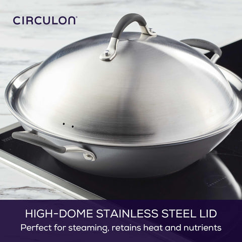 Circulon wok in use stir-frying vegetables, fast high-heat cooking with minimal oil.