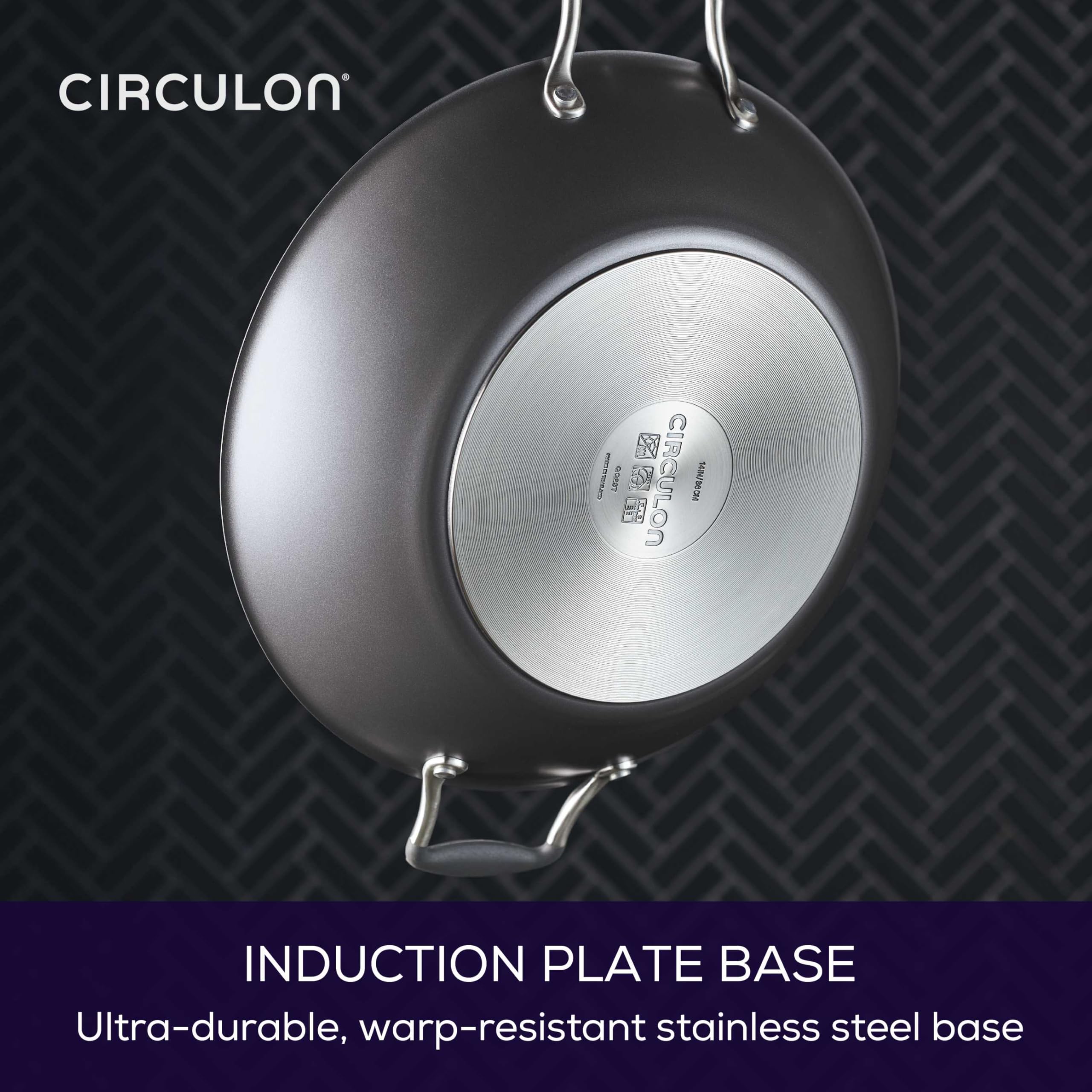 Circulon wok in oven showing safe to 400°F, versatile stovetop-to-oven cooking benefit.