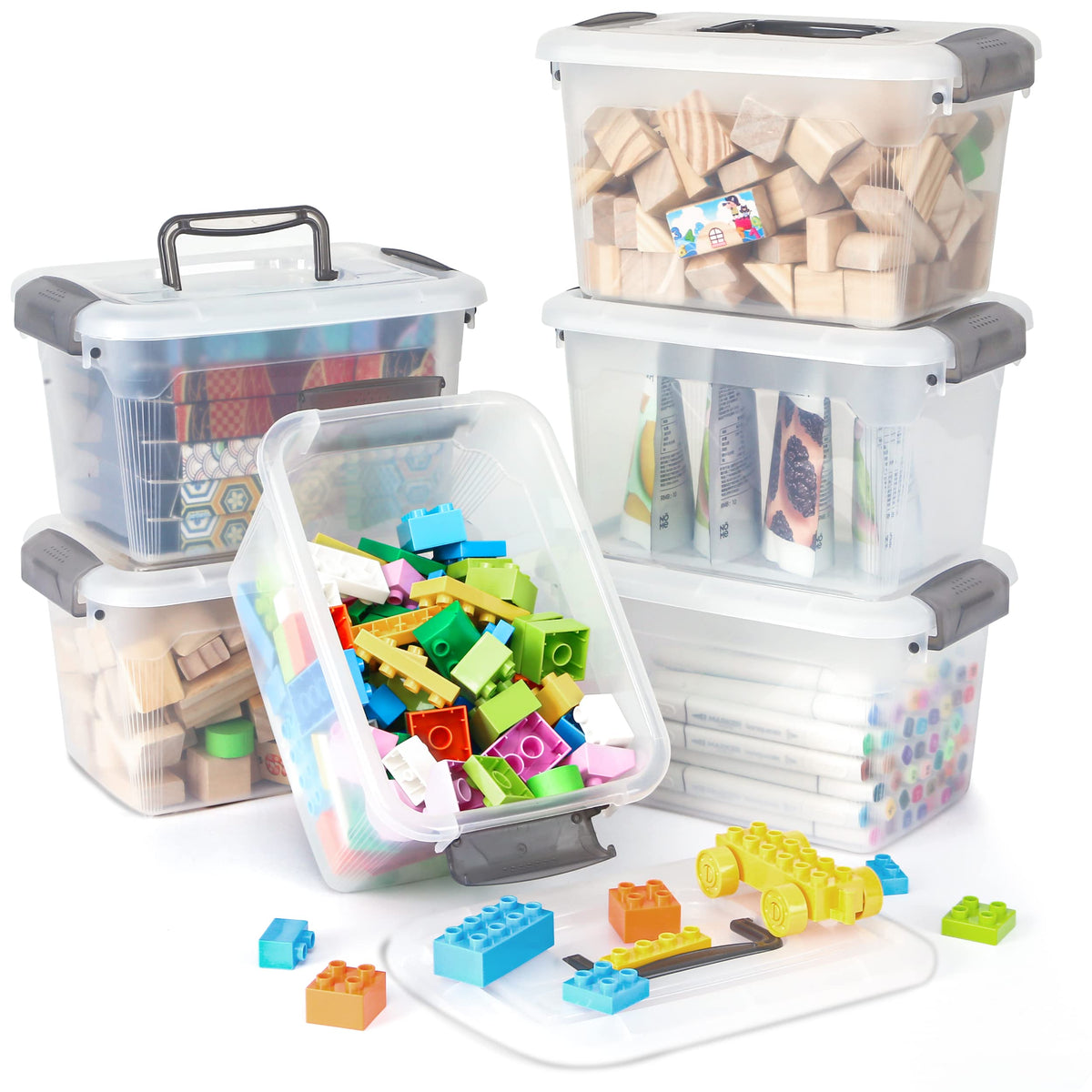 Citylife front view of six clear bins showing compact stackability and visibility