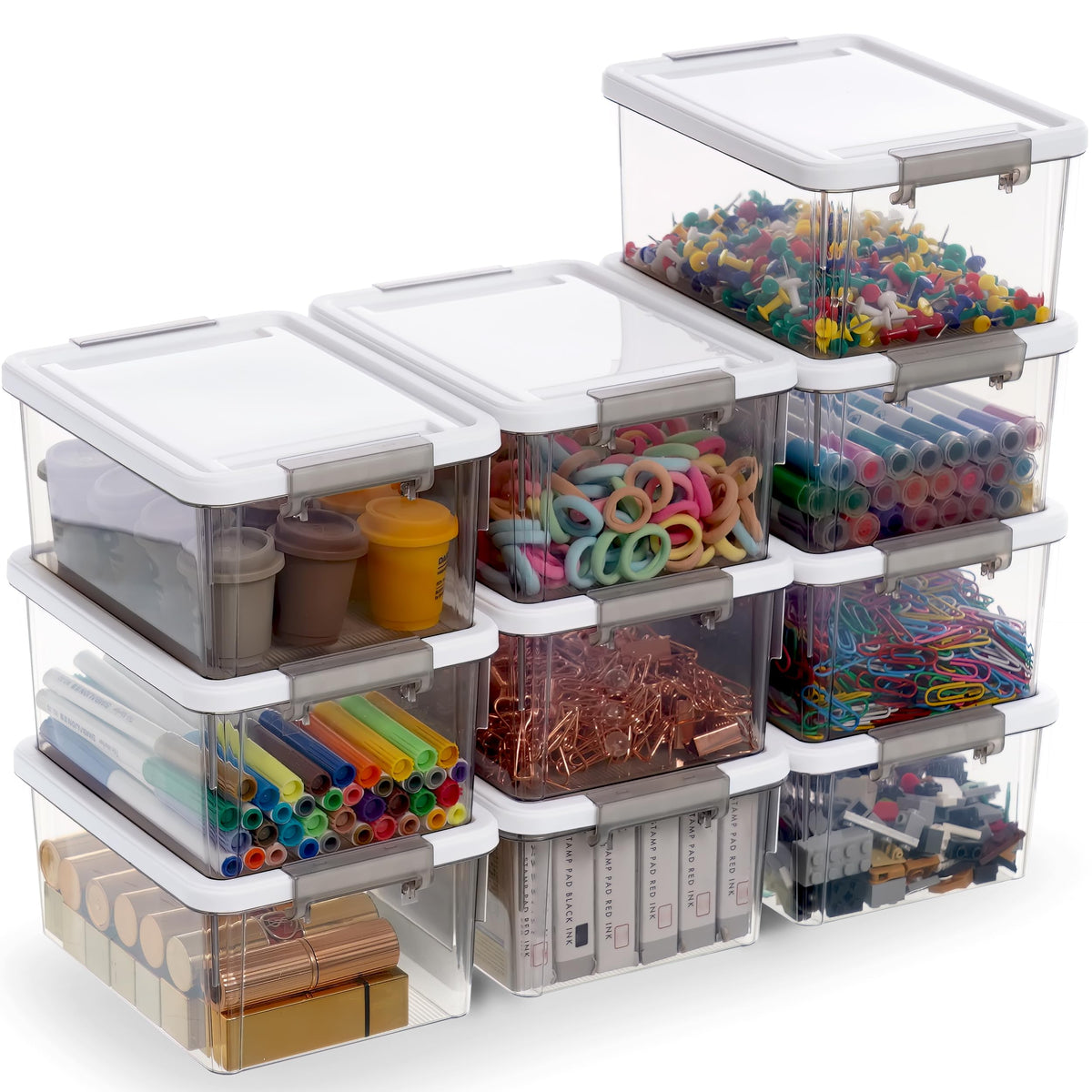 Citylife front view of ten clear bins showing neat compact storage benefit