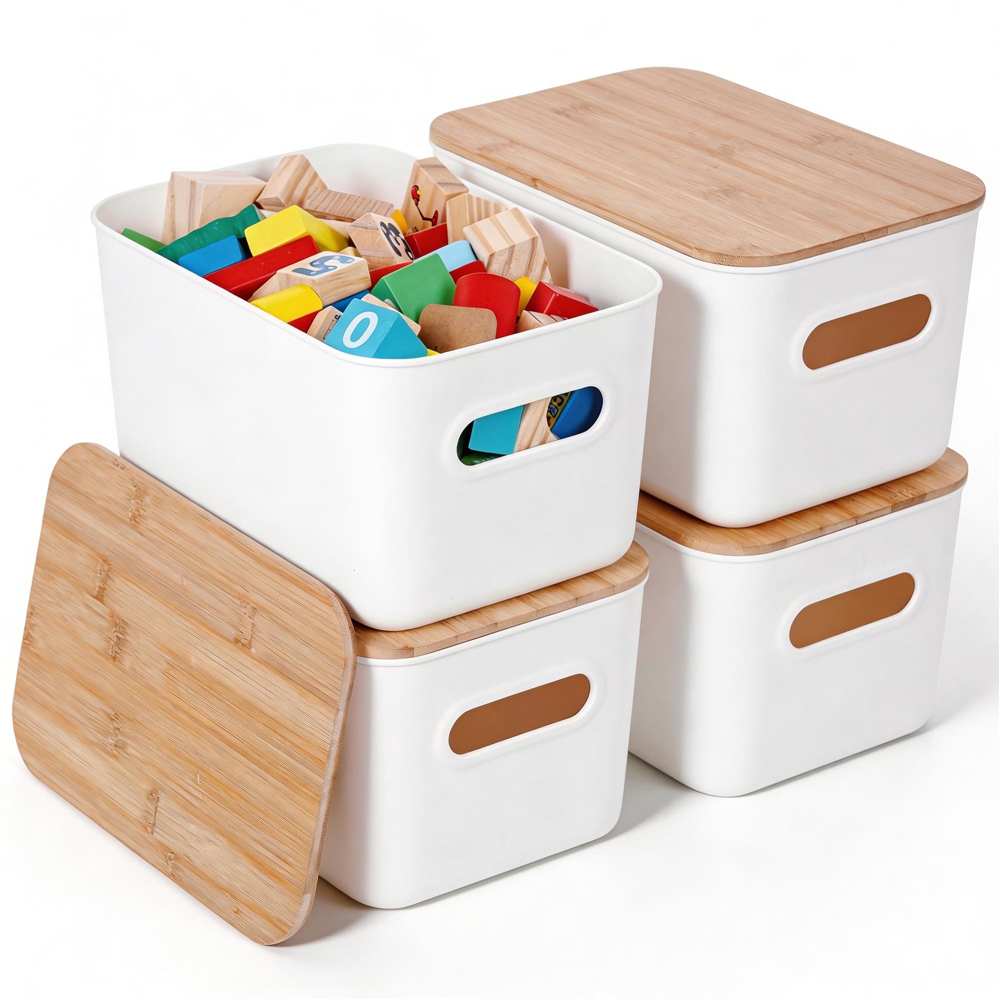 Citylife front view of four white bins with bamboo lids showing organized storage benefit