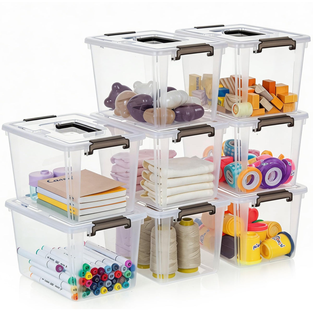 Citylife front view of eight clear bins showing neat organization benefit