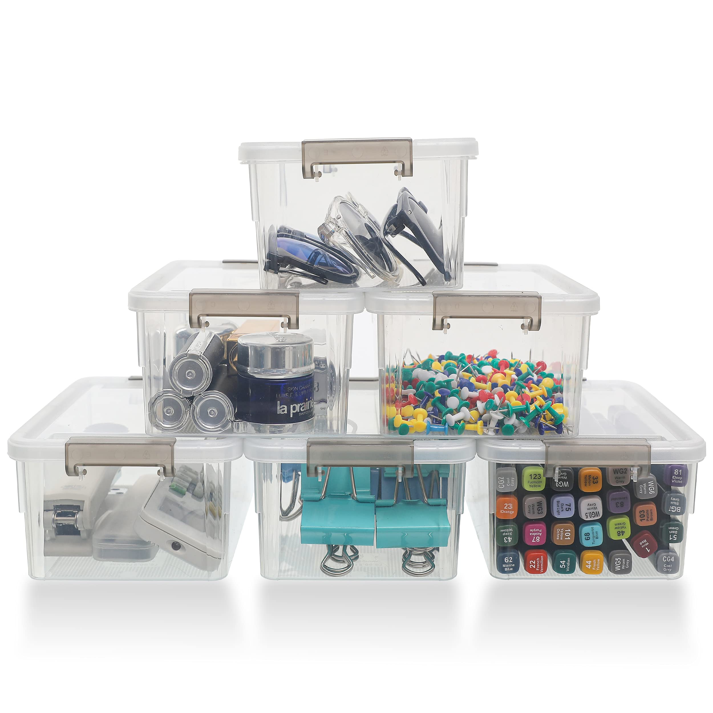 Citylife front view of six clear stackable bins showing organized storage benefit