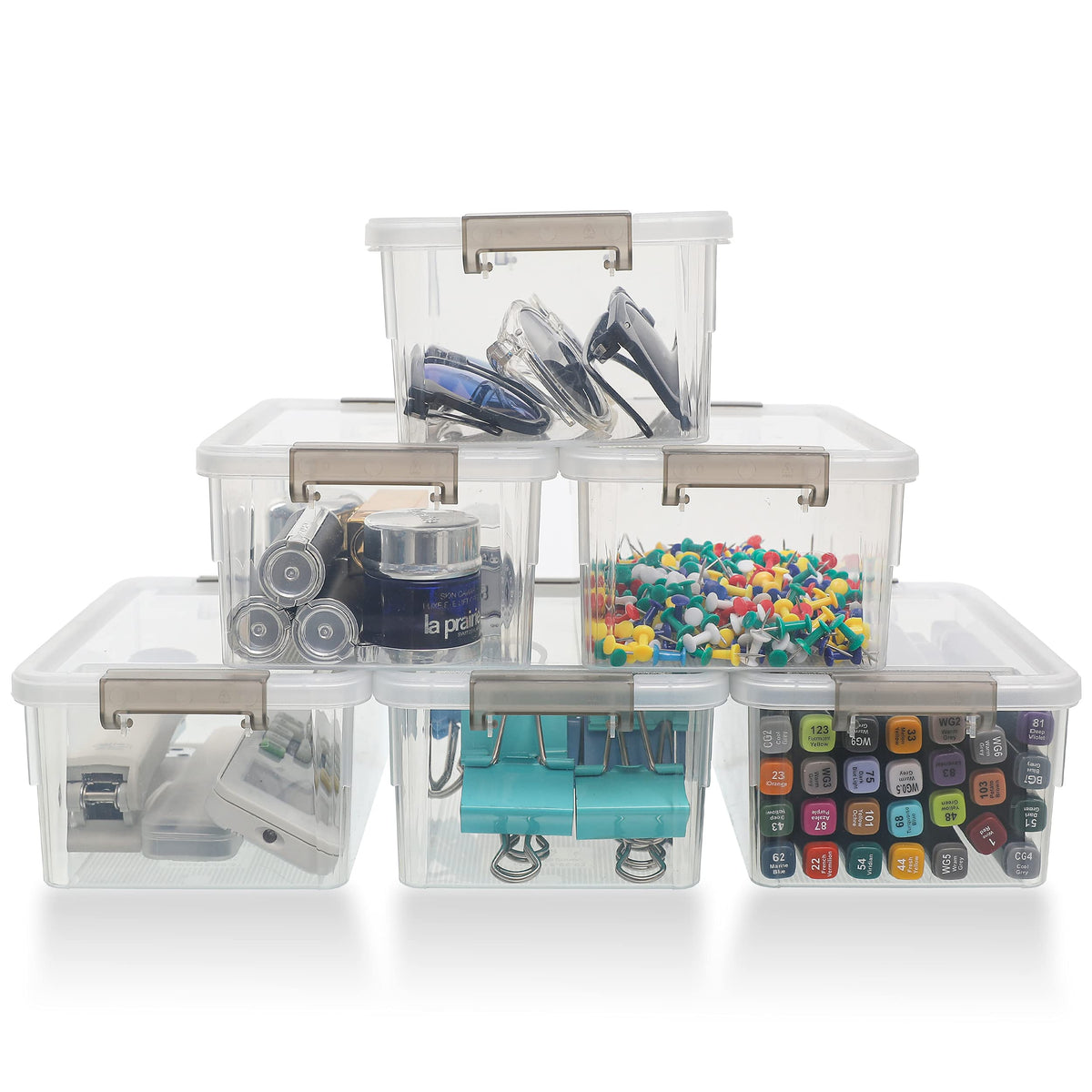Citylife front view of six clear stackable bins showing organized storage benefit
