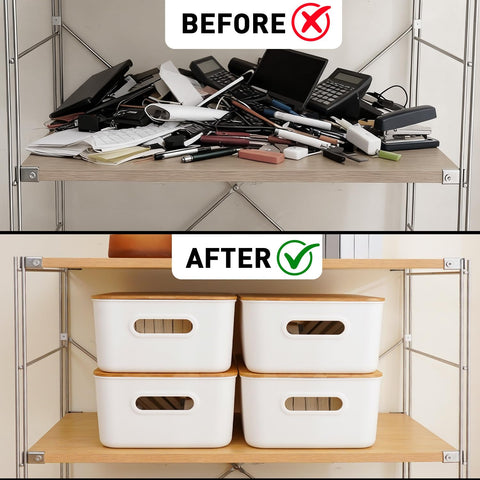 Citylife bins placed on a shelf demonstrating neat storage and space-saving