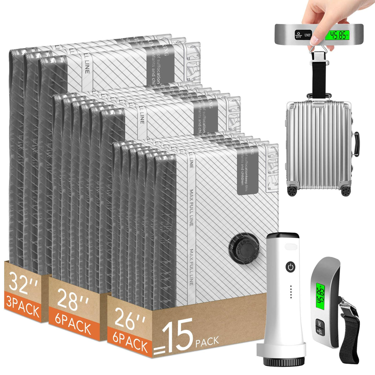 CKline kit front overview showing pump, scale and 15 bags for space-saving