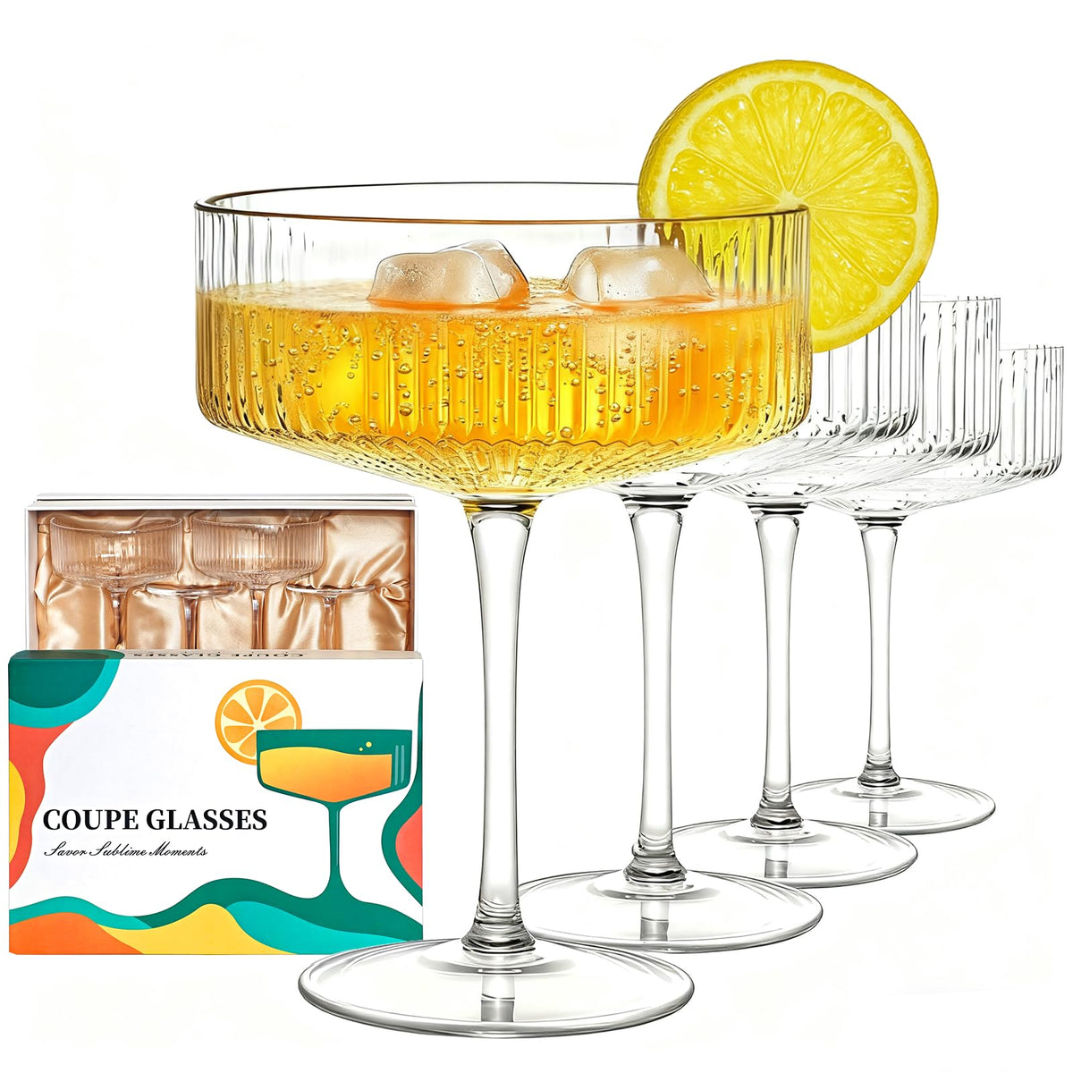 CL FUN coupe glasses front packaging showing elegant gift box and set