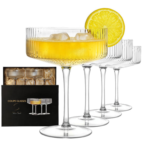 CL FUN front packaging showing four coupe glasses and gift box for elegant gifting