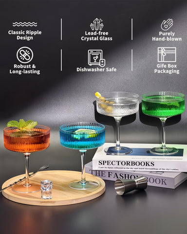 CL FUN set of four coupe glasses arranged on a table for coordinated service