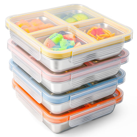clamder front packaging showing four stainless steel snack containers, convenient organization