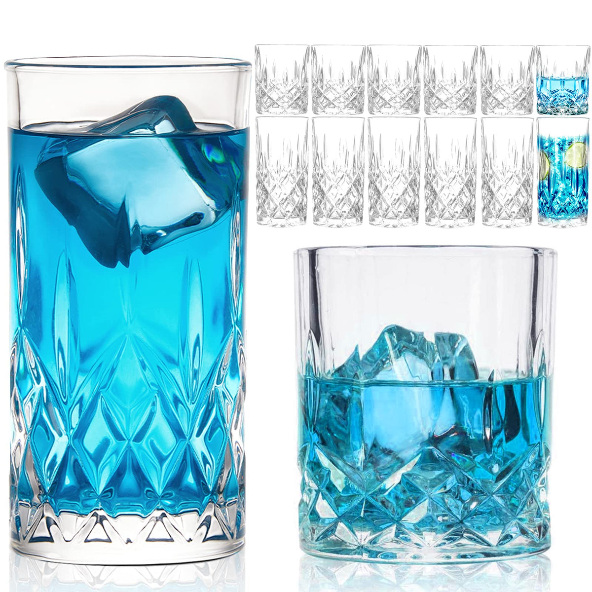 Claplante front view of full 12-piece mixed glass set showing variety and elegance