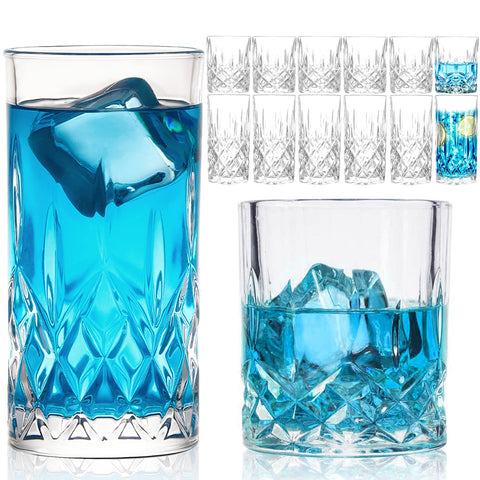 Claplante front view of full 12-piece mixed glass set showing variety and elegance
