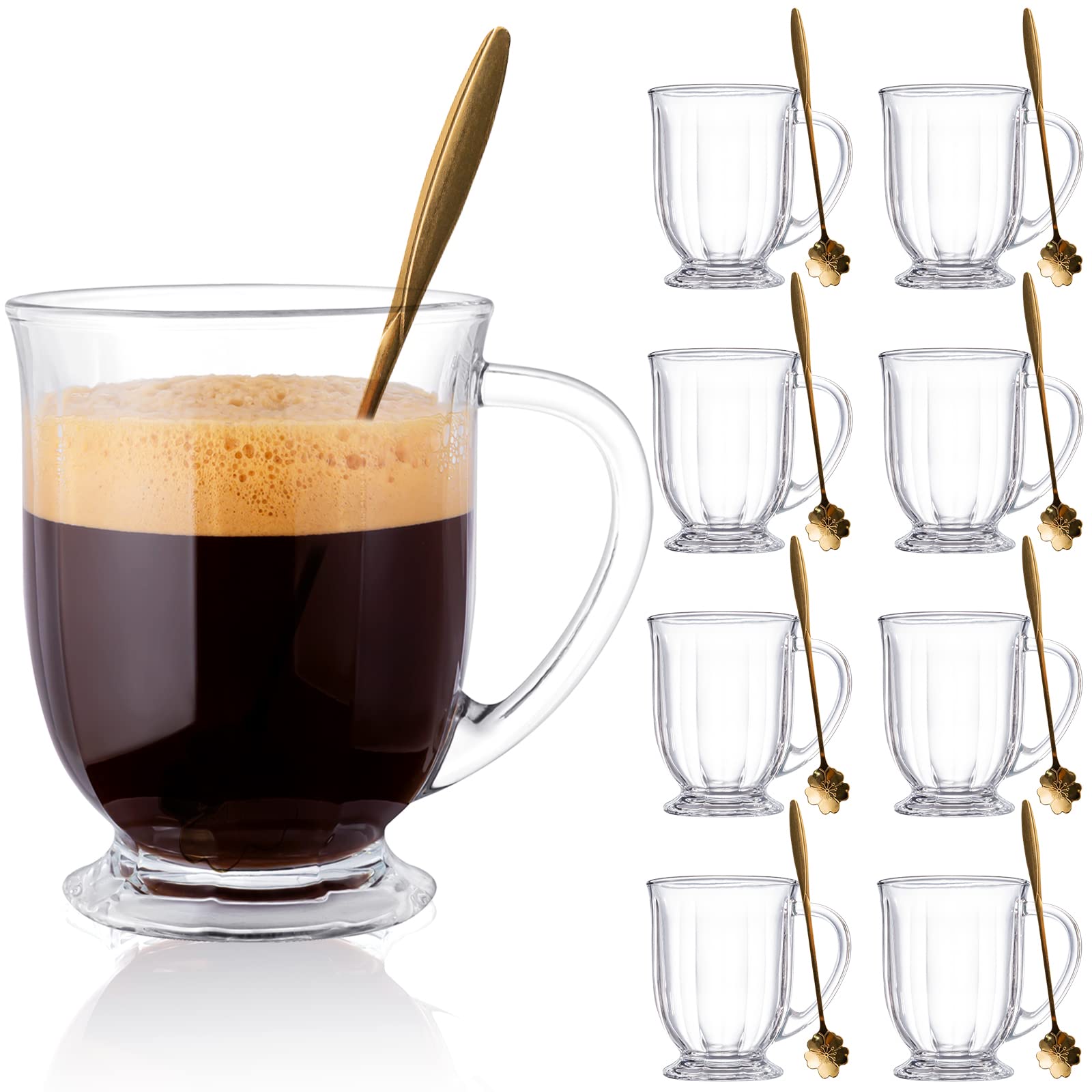 Claplante front view of eight clear mugs showing neat packaging and uniform style