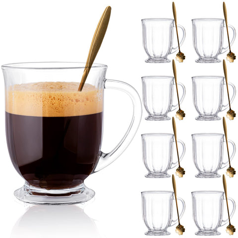 Claplante front view of eight clear mugs showing neat packaging and uniform style