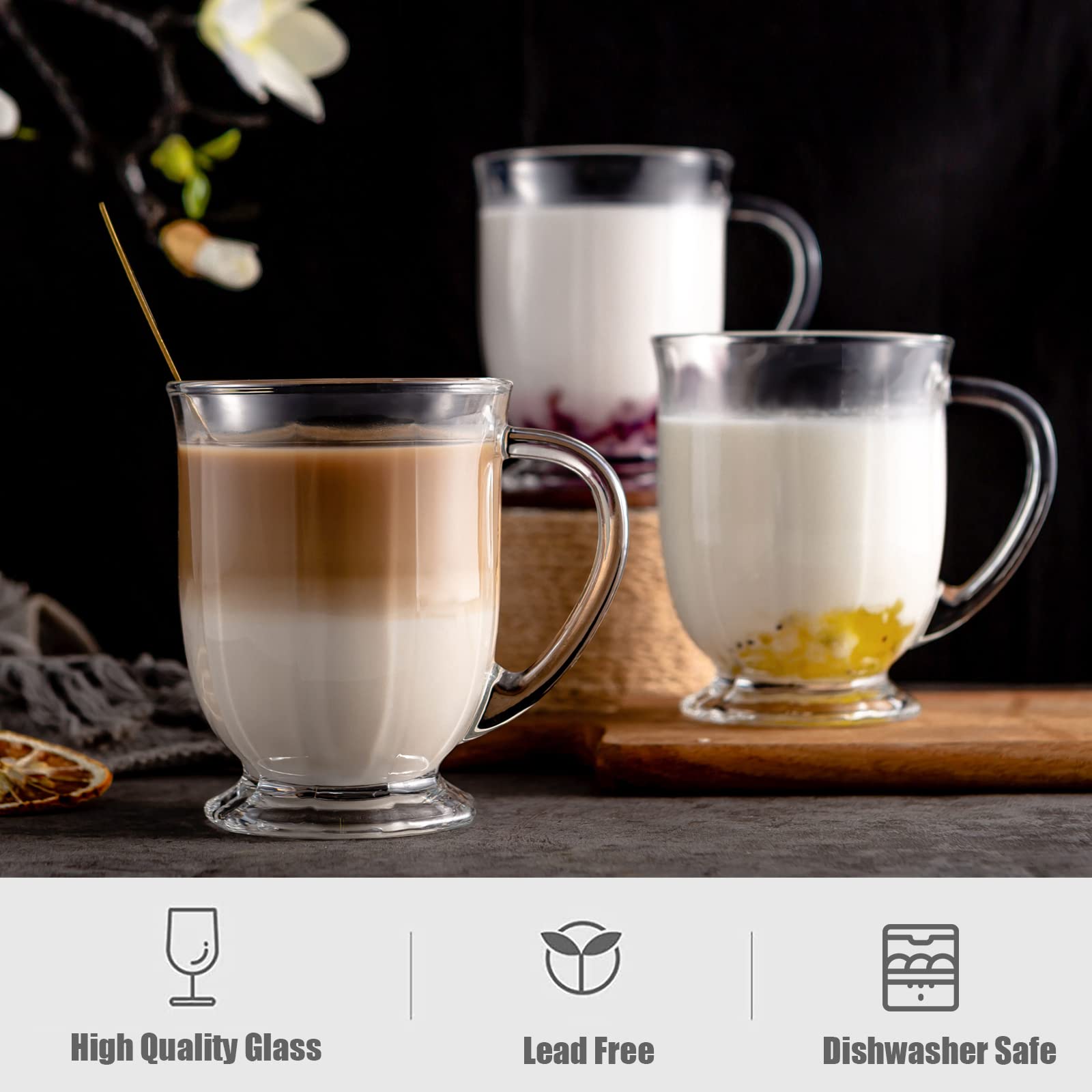Claplante clear mug filled with latte highlighting layered presentation