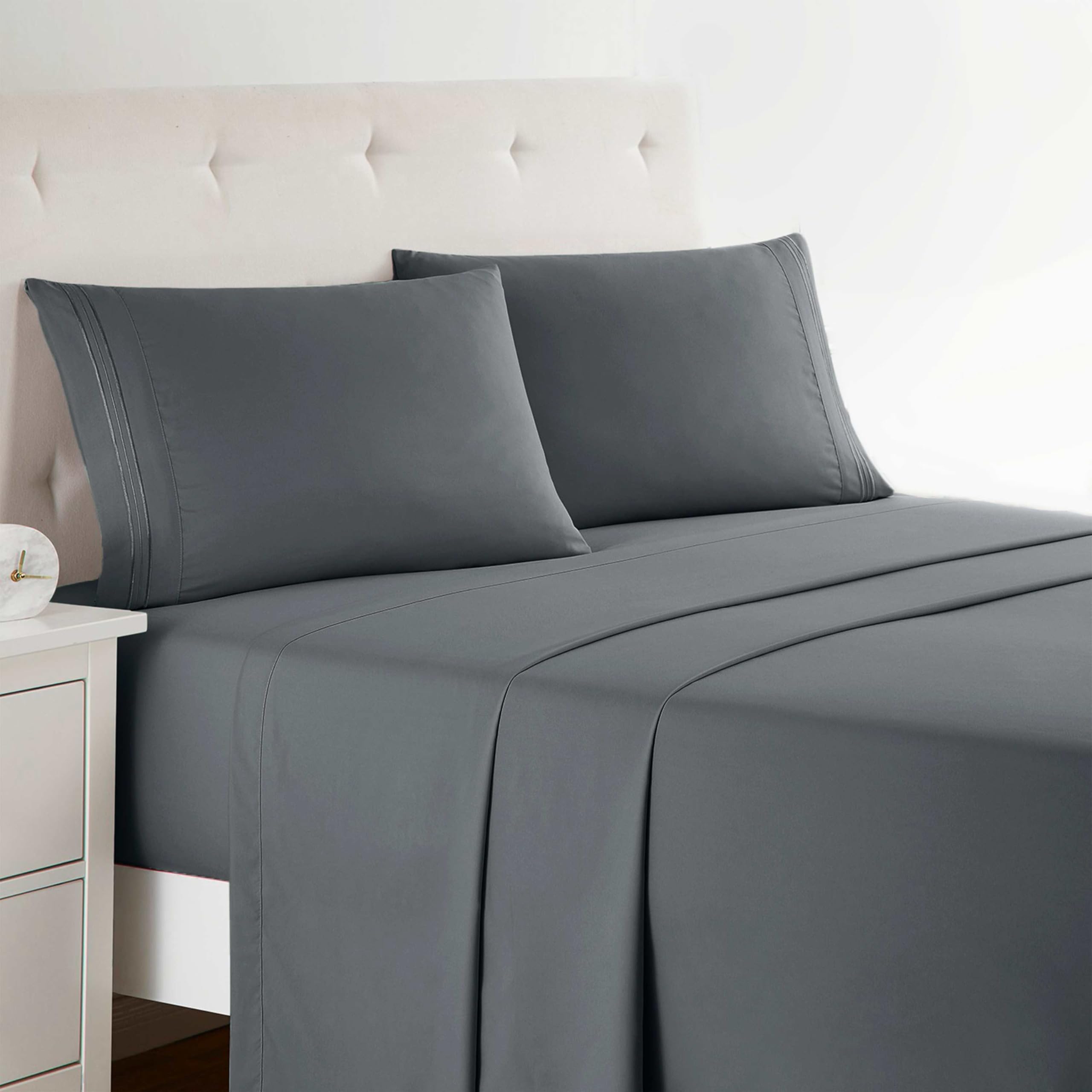 Clara Clark flat-lay of charcoal gray sheet set showing clean presentation and comfort