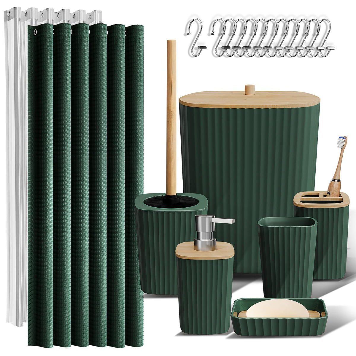 Clara Clark front package view showing complete hunter green bathroom set benefits cohesive styling