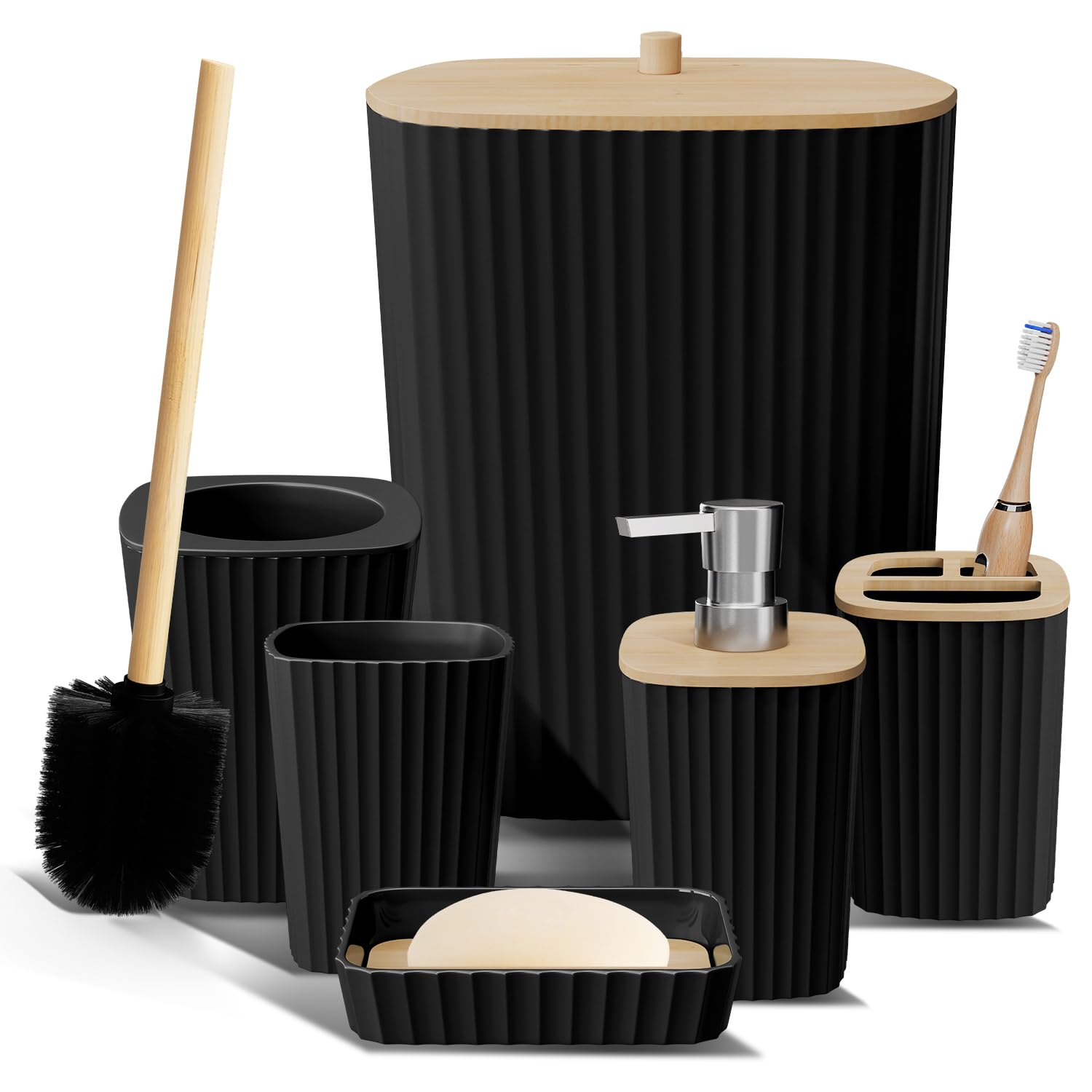 Clara Clark front view of full 6-piece set showing unified black design and practical benefits