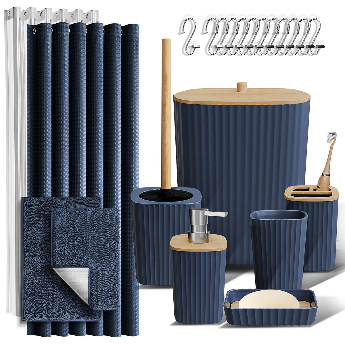 Clara Clark front packaging showing full navy blue bathroom set and contents