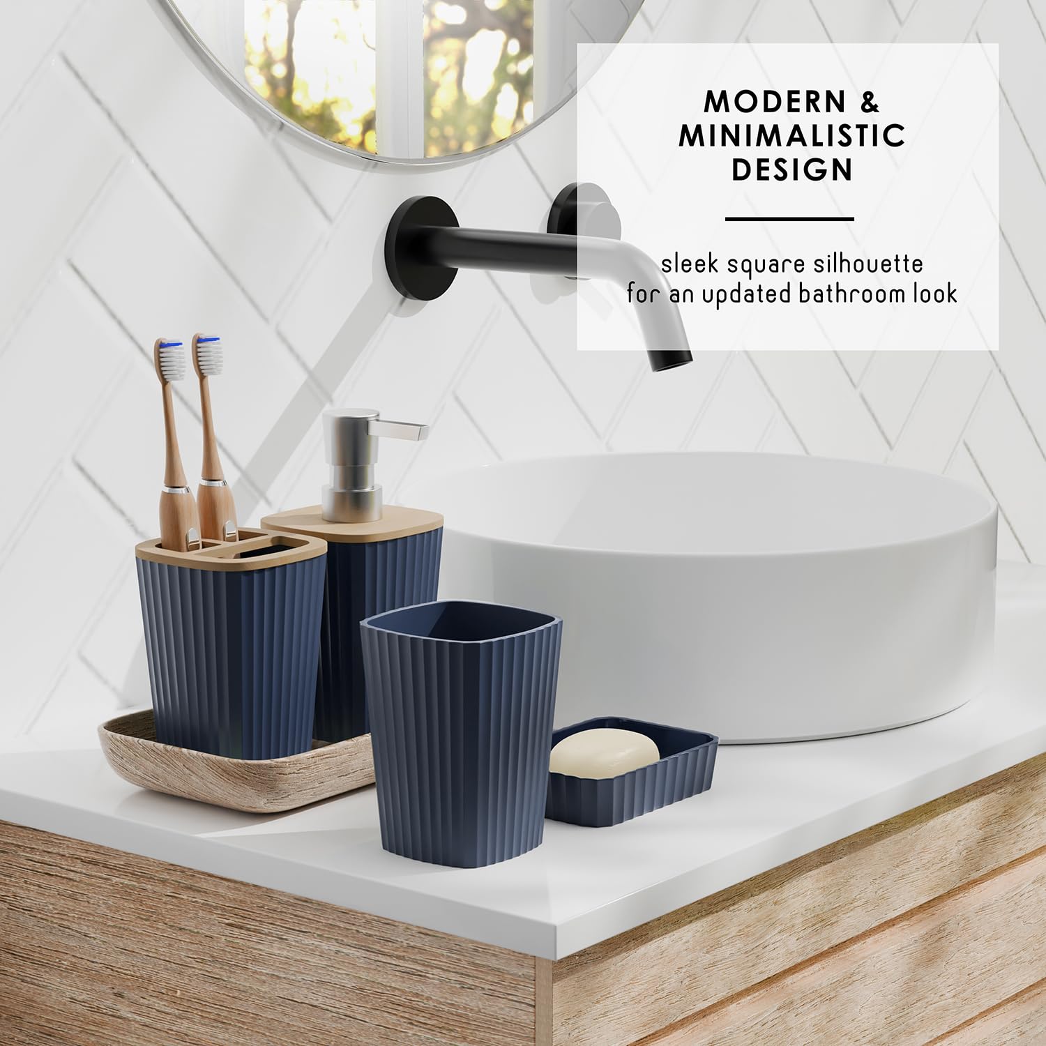 Clara Clark styled bathroom scene demonstrating cohesive navy blue design