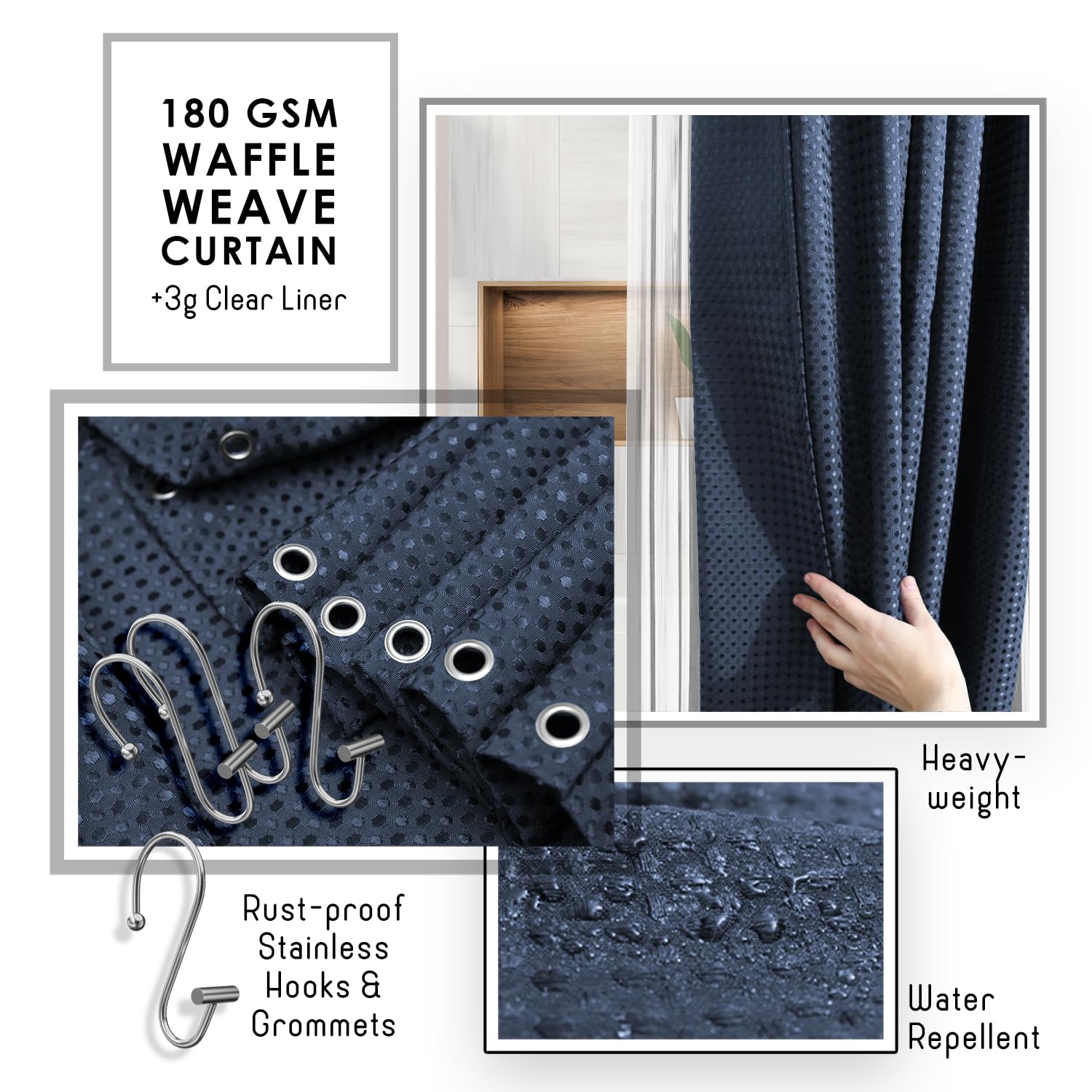 Clara Clark rust-resistant shower curtain hooks close-up for durability