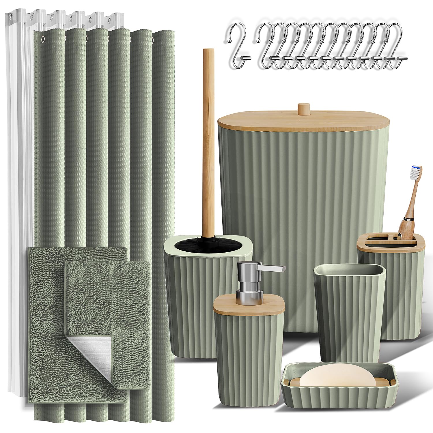 Clara Clark shower curtain front view showing sage green spa look