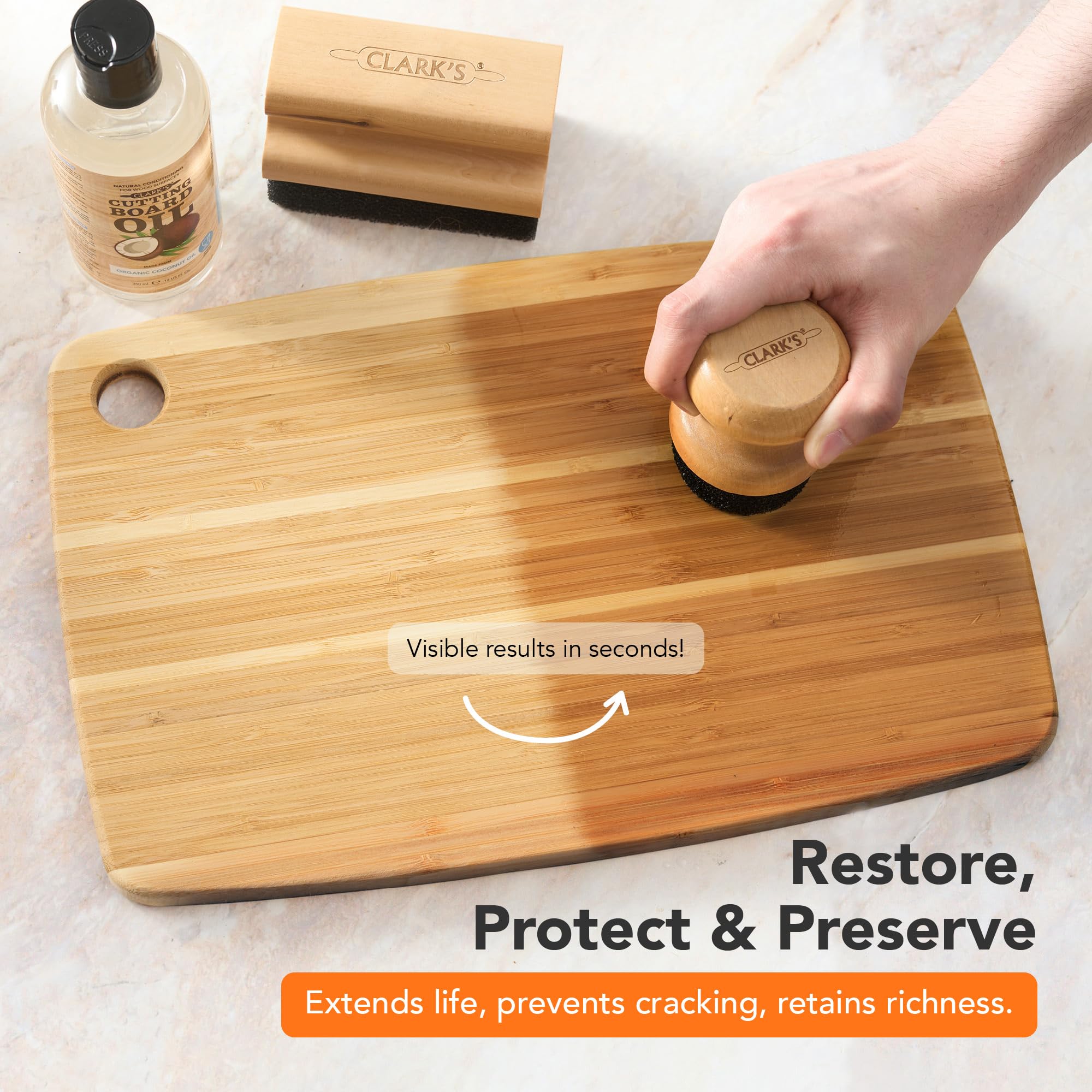 CLARK'S applicator and buffing pad demonstrating even oil application