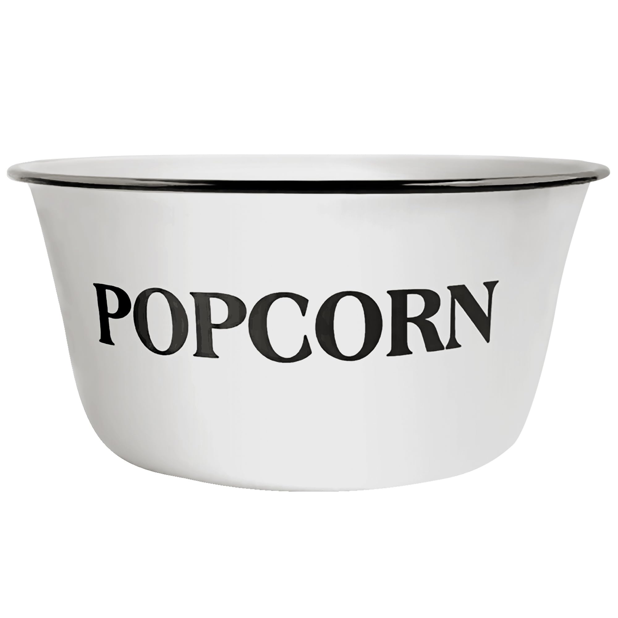 Clavoris front view popcorn bowl showing full white enamel and black rim, durable serving