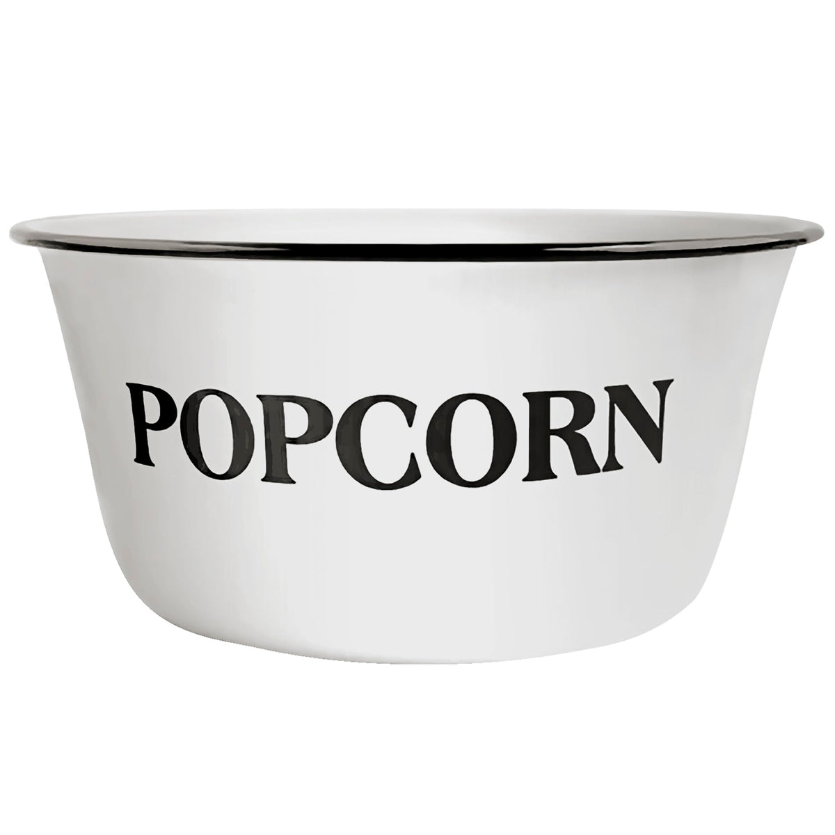Clavoris front view popcorn bowl showing full white enamel and black rim, durable serving