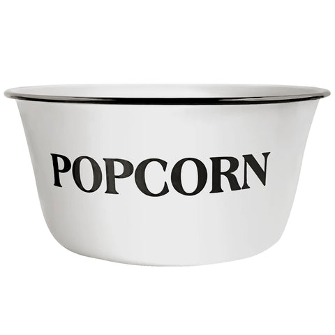 Clavoris front view popcorn bowl showing full white enamel and black rim, durable serving