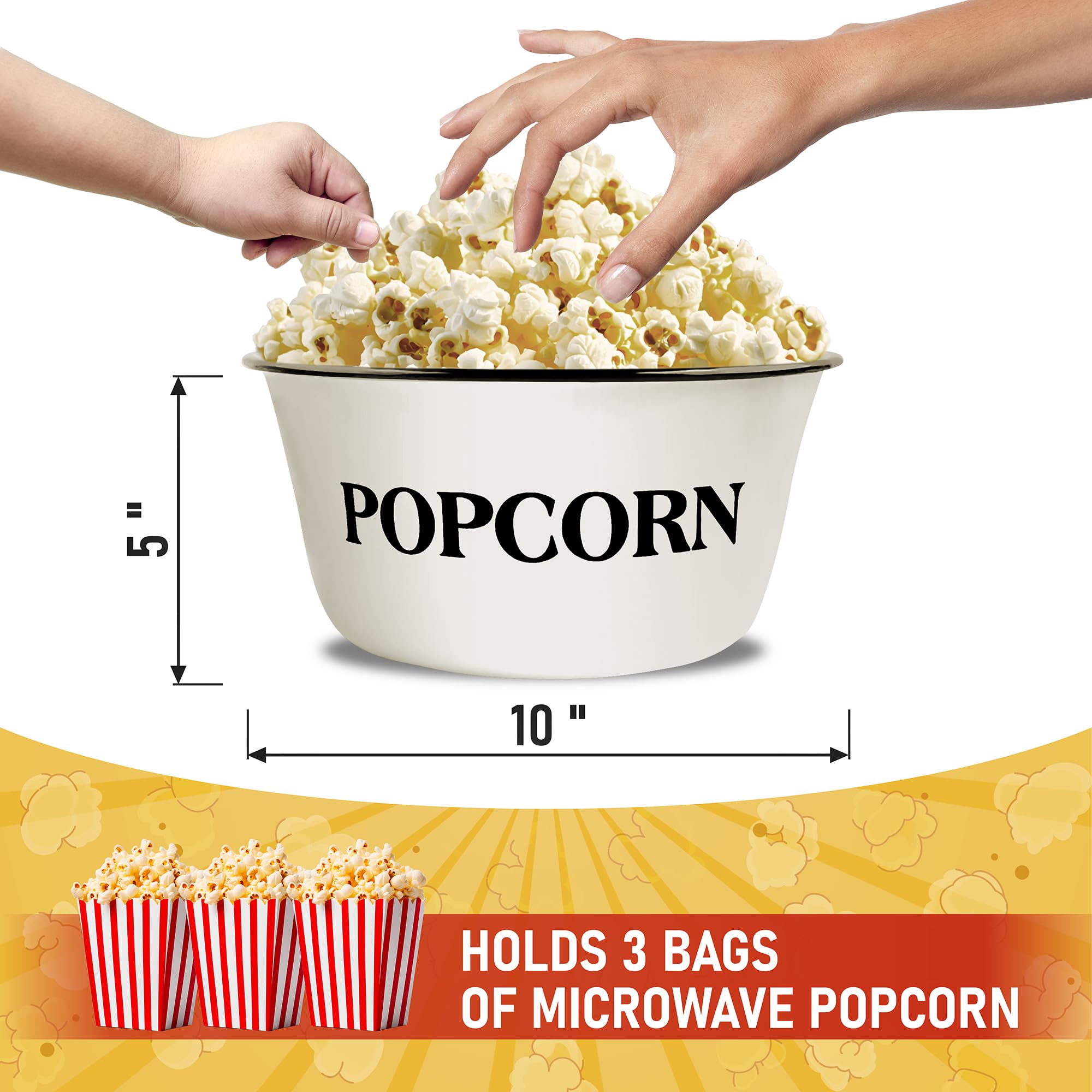 Clavoris bowl filled with popcorn in use at movie night, large capacity sharing benefit