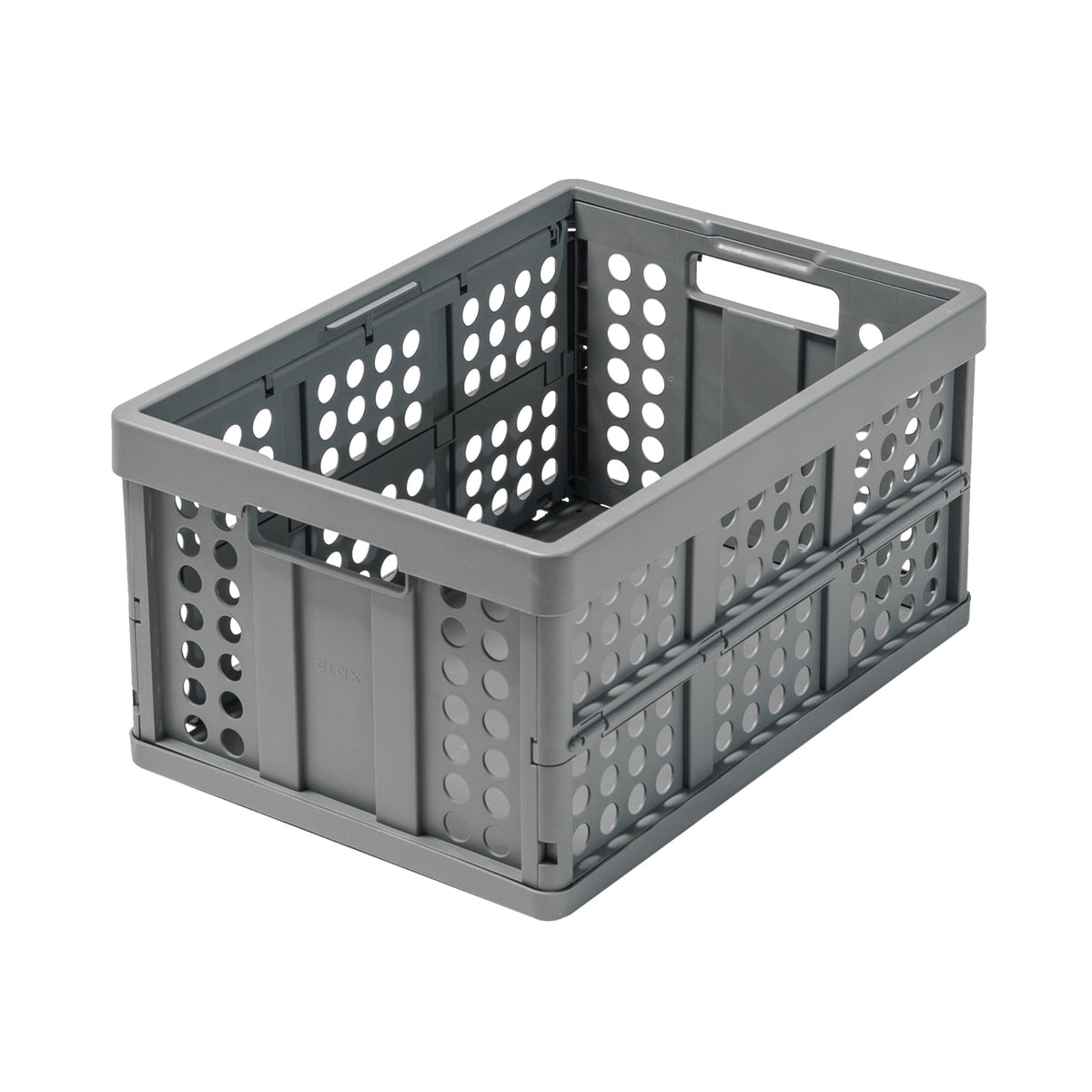 Clax crate front view showing grey finish and handles for easy carrying