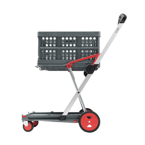 CLAX front view in red showing sturdy frame and organized crate benefit