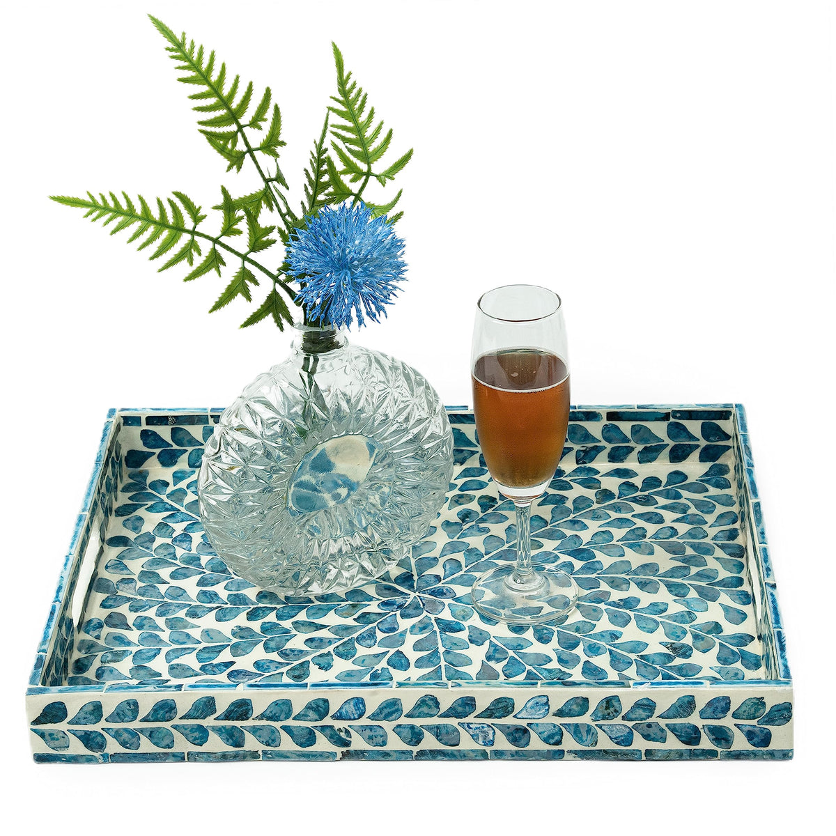 CLAYNIX front view blue mother-of-pearl tray showcasing coastal style and serving convenience