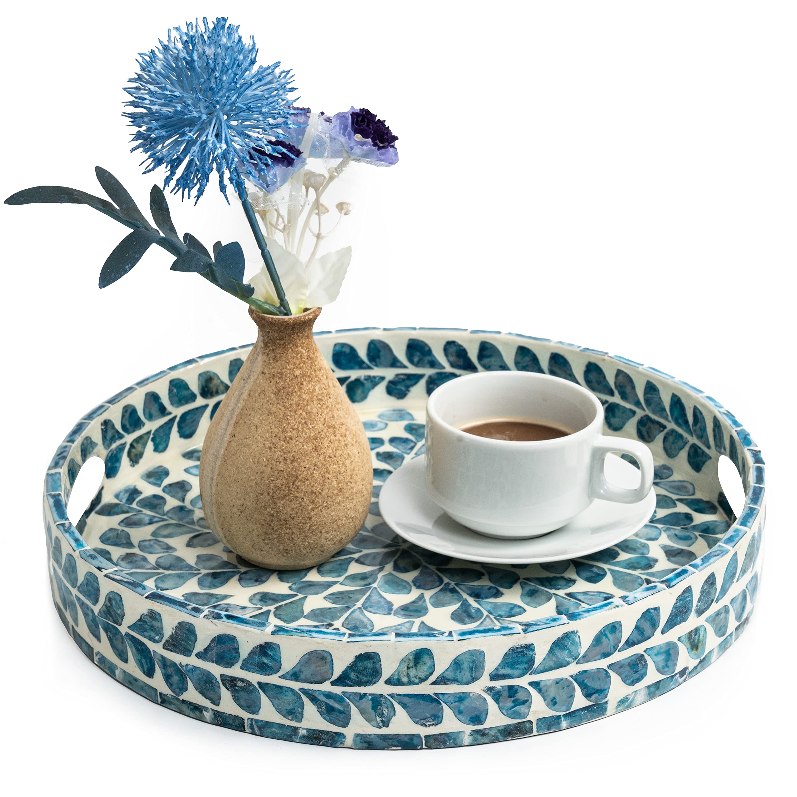 CLAYNIX front view leaf-style tray showing floral mosaic and handles for elegant serving
