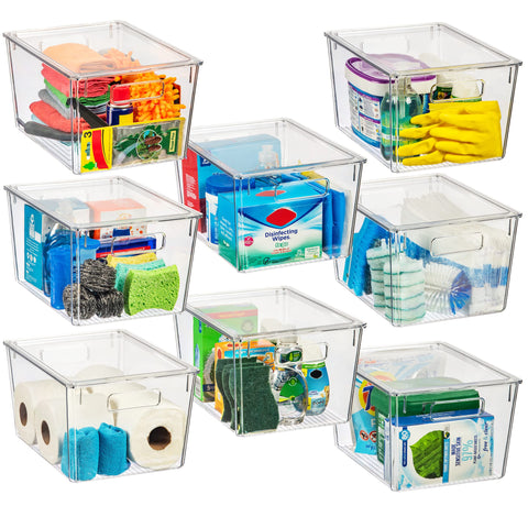 ClearSpace front view of 8-pack XL bins showing clear lids and organized look for quick access