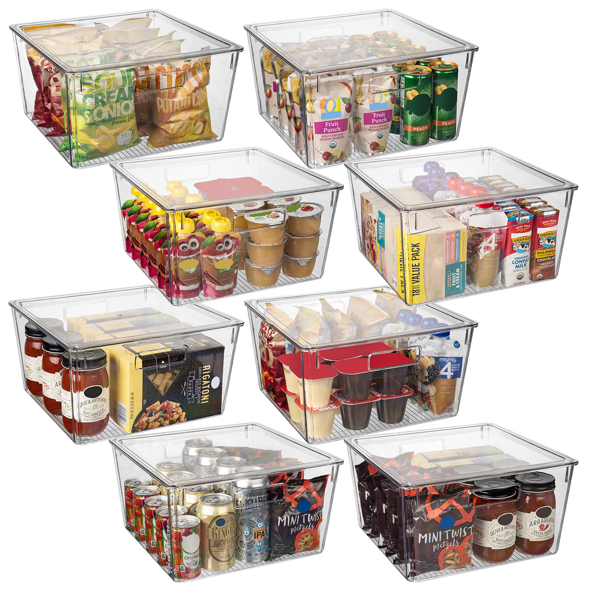 ClearSpace front view of eight clear XL storage bins showing neat organization benefit