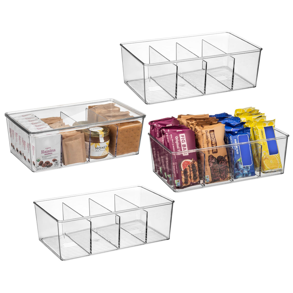 ClearSpace front view of four clear bins showing stackable lids and compact design for tidy storage