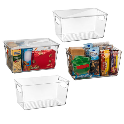 ClearSpace front view of four bins showing clear bodies and lids for organized storage