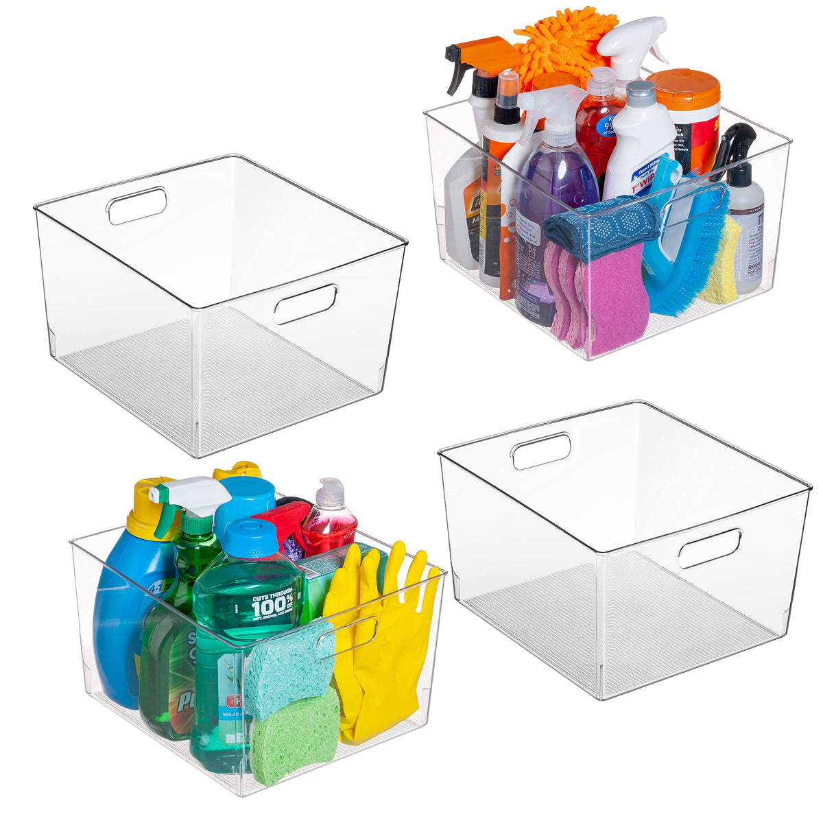 ClearSpace front view showing four clear bins neatly stacked and labeled for pantry visibility