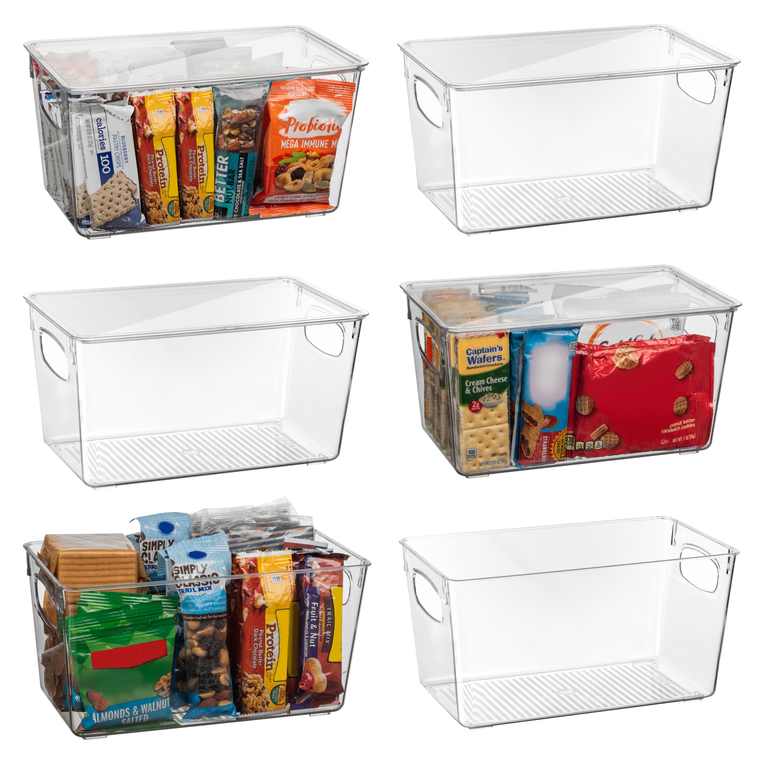 ClearSpace front view of six clear bins with lids showing visible organization benefit