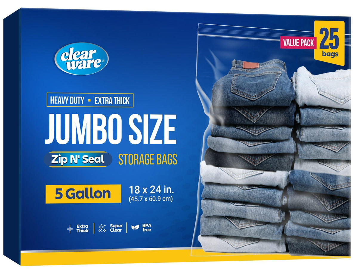 CLEARWARE front pack view showing 25 large clear resealable bags for easy storage