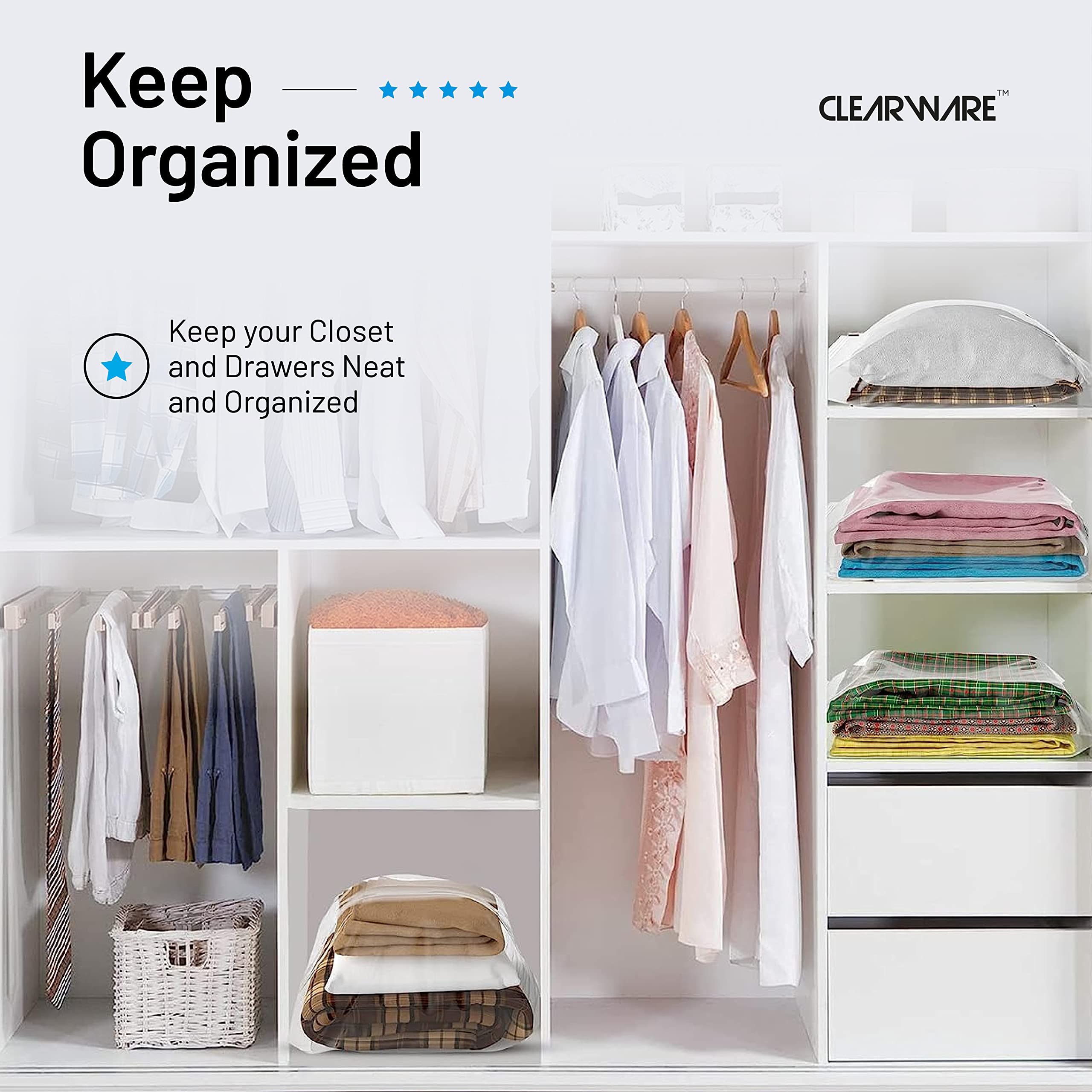 CLEARWARE bags organized on closet shelf highlighting tidy, visible storage benefit