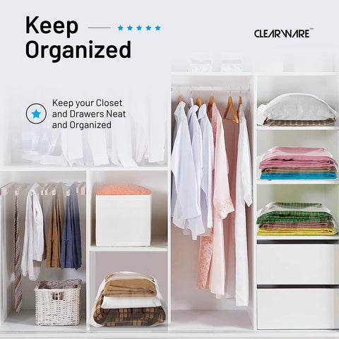 CLEARWARE bags organized on closet shelf highlighting tidy, visible storage benefit