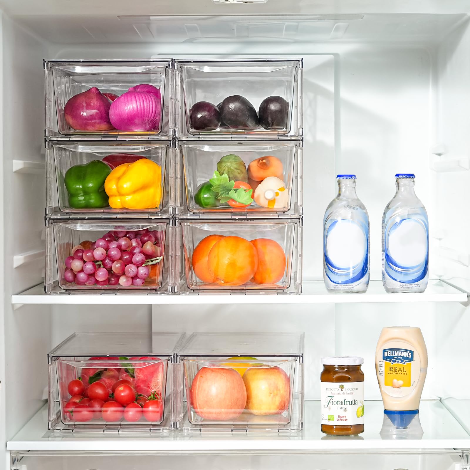 Clemate in-fridge organization scene illustrating space-saving storage