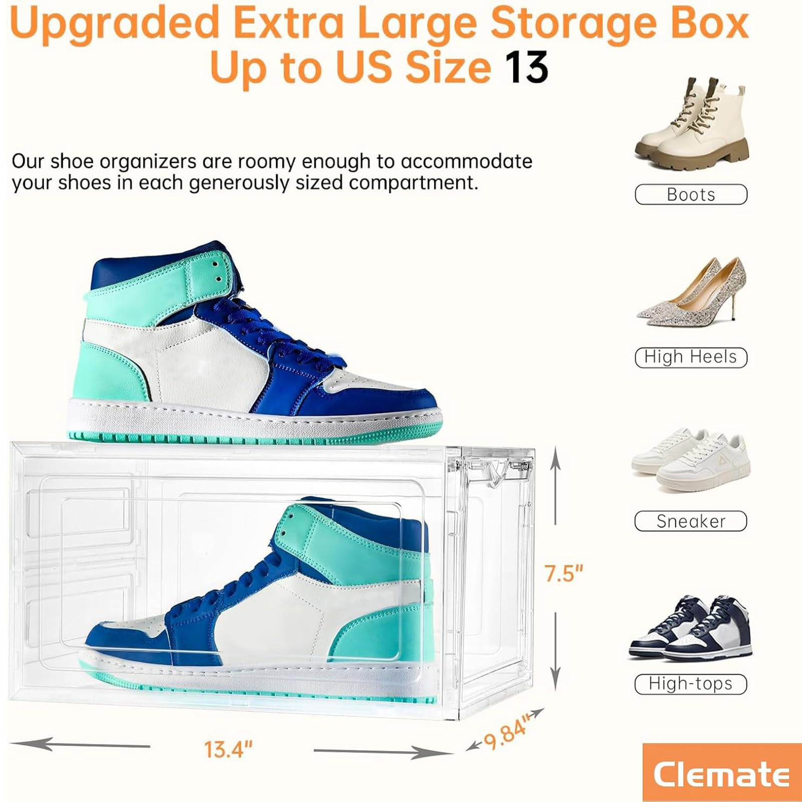 Clemate internal space with sneaker illustrating fit for larger shoes