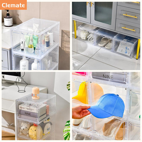 Clemate closet lifestyle display showing tidy, visible shoe organization