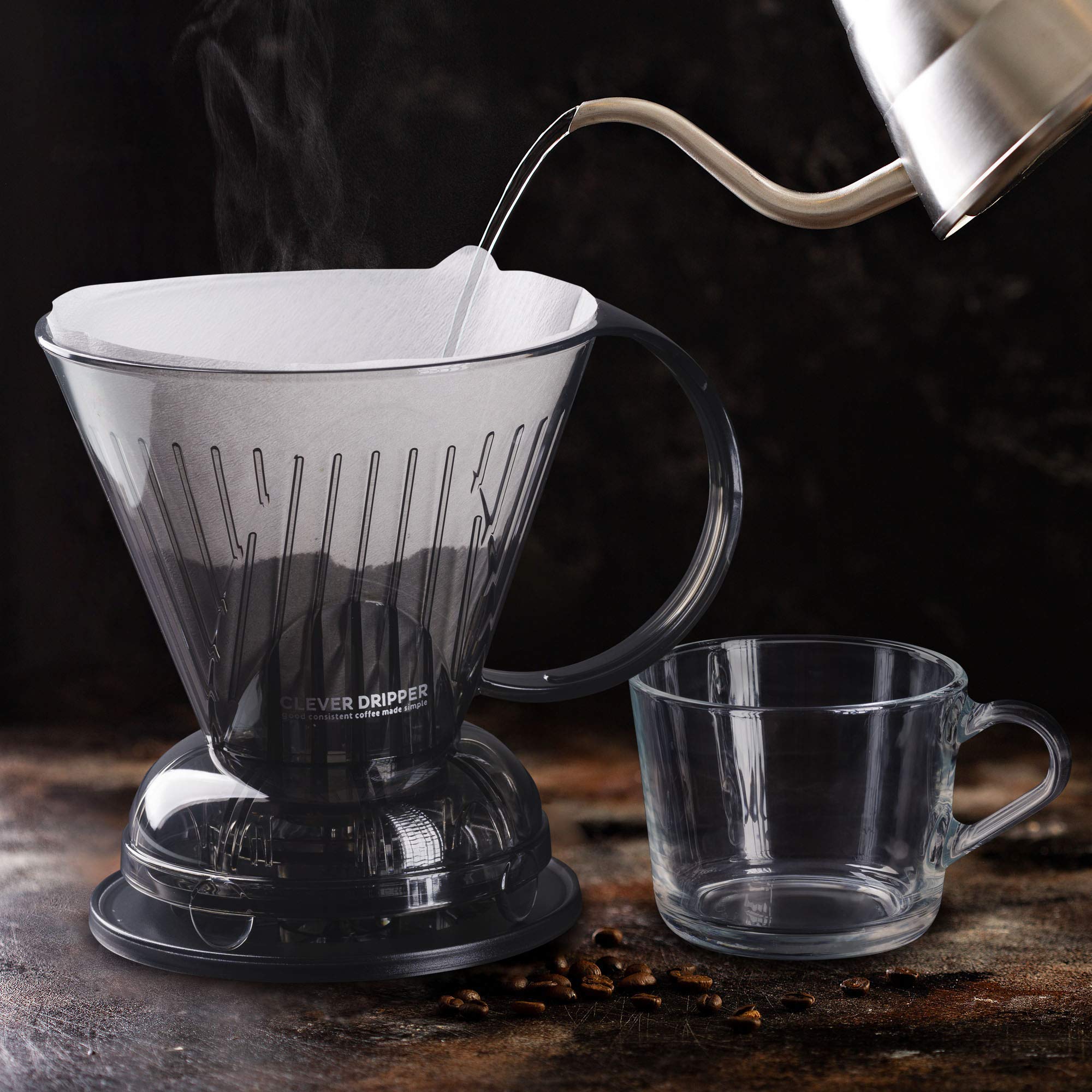 Clever dripper Cloud next to 18 oz thermos to show capacity and travel compatibility